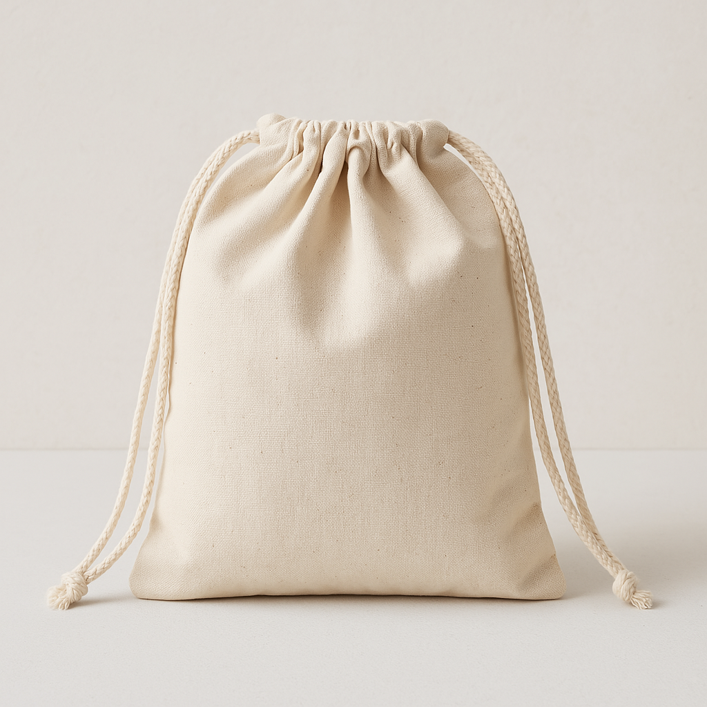 Natural cotton drawstring bag with durable braided cords, perfect for eco-friendly packaging, gifting, and promotional branding