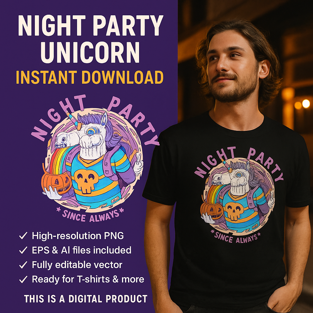 “Night Party Unicorn” – Retro Rave Graphic Tee Design (Digital Download)