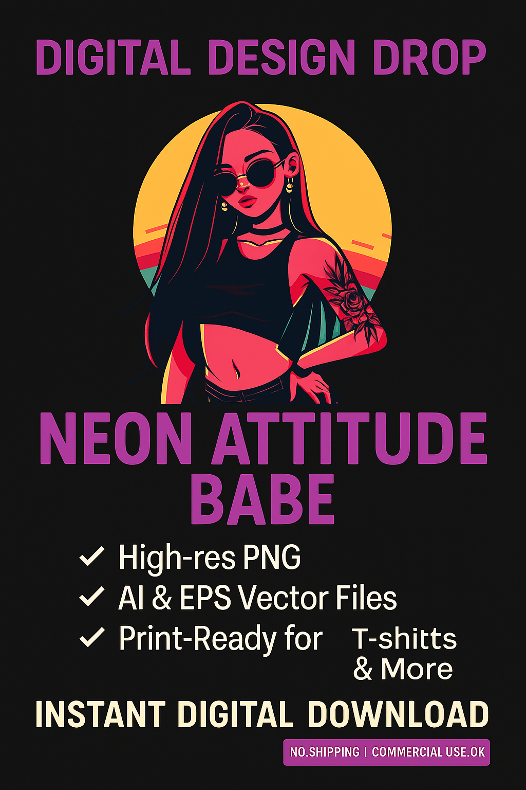 "Neon Attitude Babe" – Digital Pop Art Illustration for Apparel & Merch